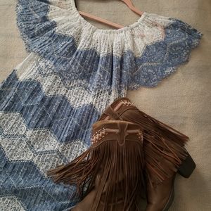BEIGE Off-Shoulder Pleated Lace Dress (NWOT)